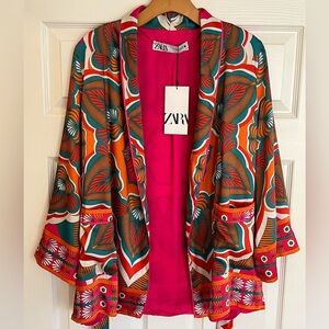 NWT Zara Satin Effect Pink Multicolor Print Belted Kimono Jacket Robe X Small XS